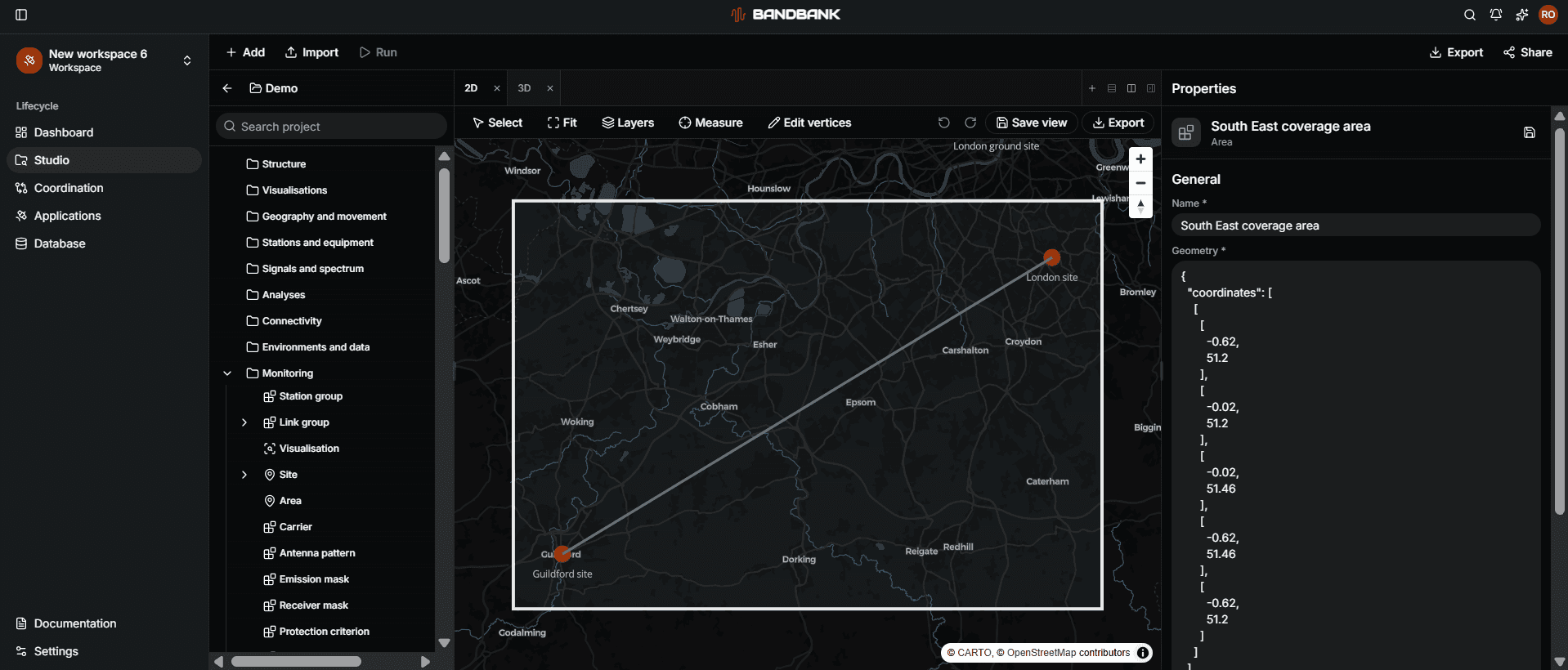 Bandbank Studio showing radio sites, a link and a coverage area on a map